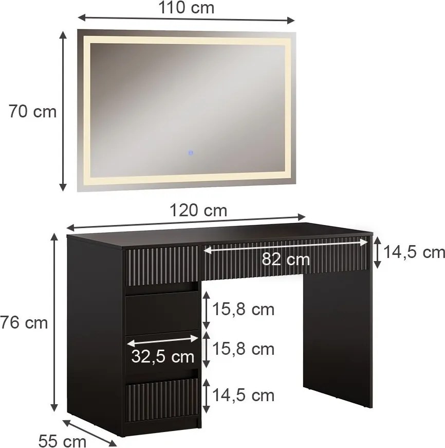 Masuta machiaj cu Oglinda LED si 5 Sertare pentru Cosmetice, Set Masa toaleta 120 cm, Negru, masuta cosmetica, vanity - SEN256