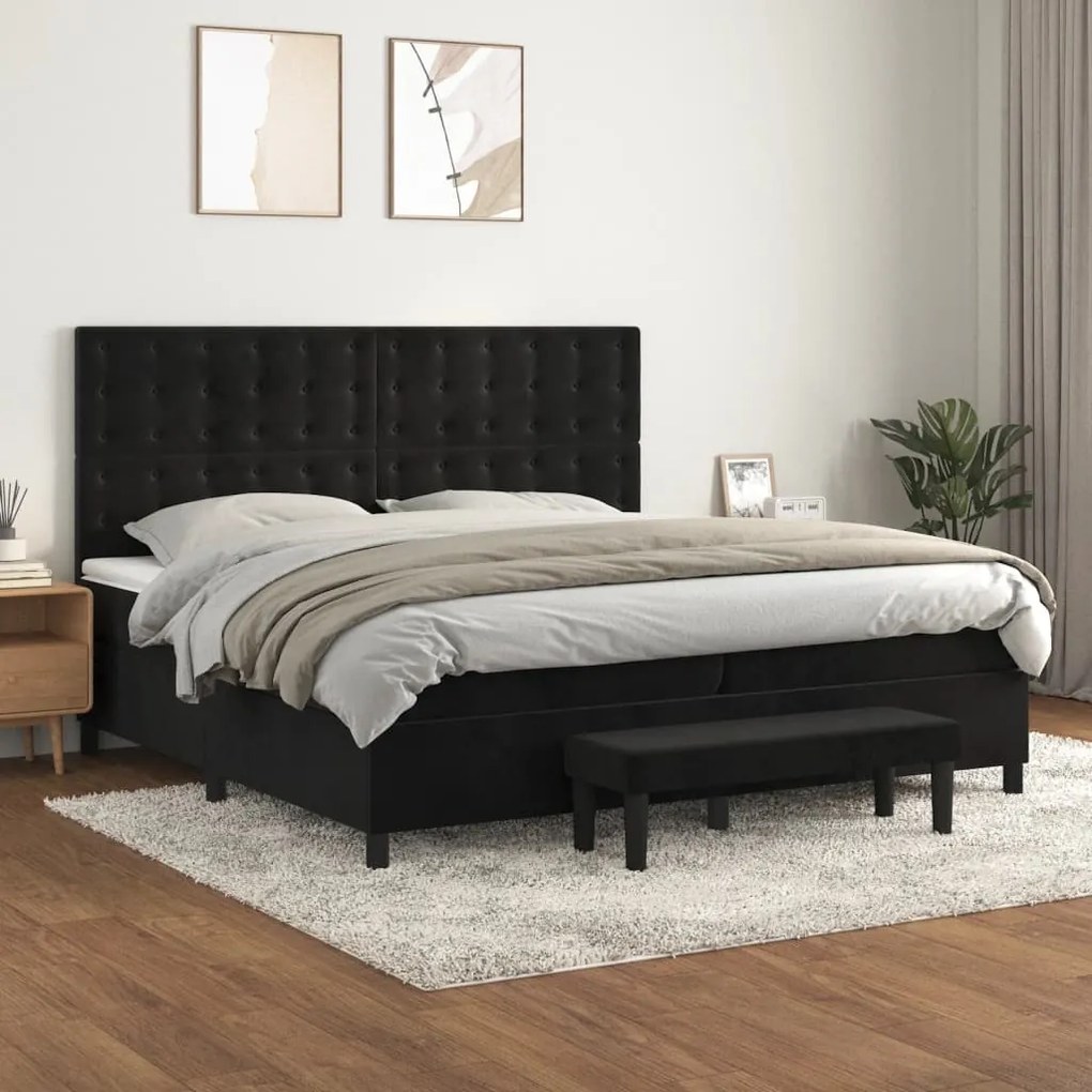 3138105 vidaXL Pat box spring cu saltea, negru, 200x200 cm, catifea