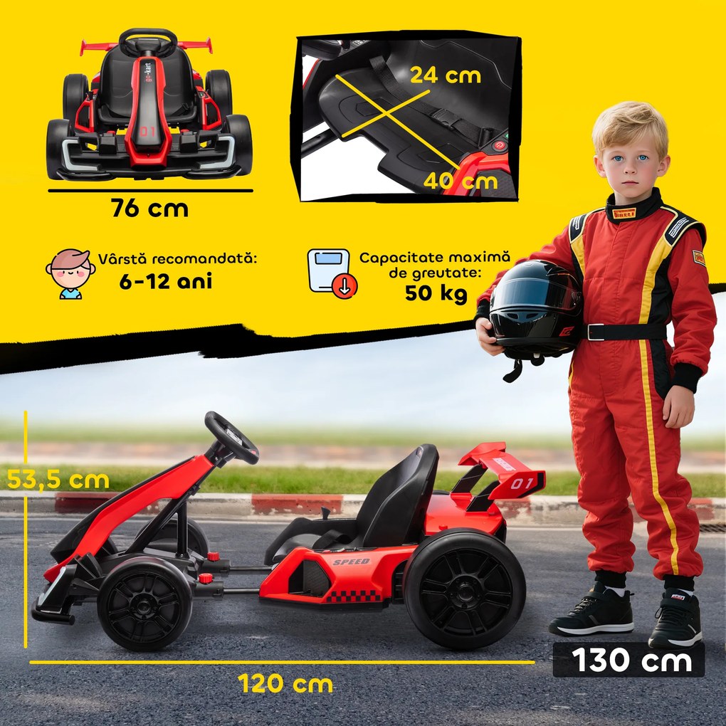 HOMCOM Go-Kart Electric pentru Copii cu Scaun Reglabil, 2 Motoare, Claxon, Lumini și Muzică, 120x76x53.5 cm, Roșu | Aosom Romania