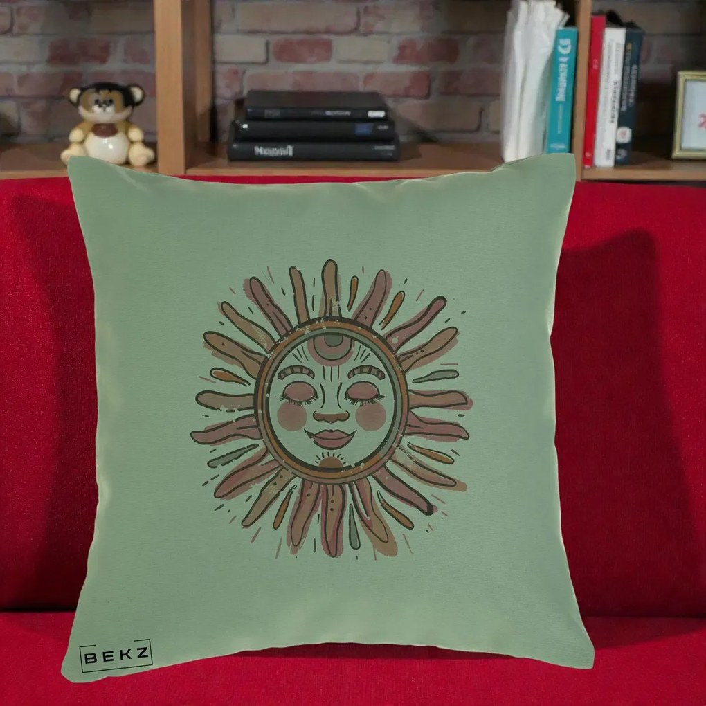 Perna Decorativa Soare Roz Tribal, 40x40 cm, Verde, Husa Detasabila, Perna Inclusa, BEKZ®