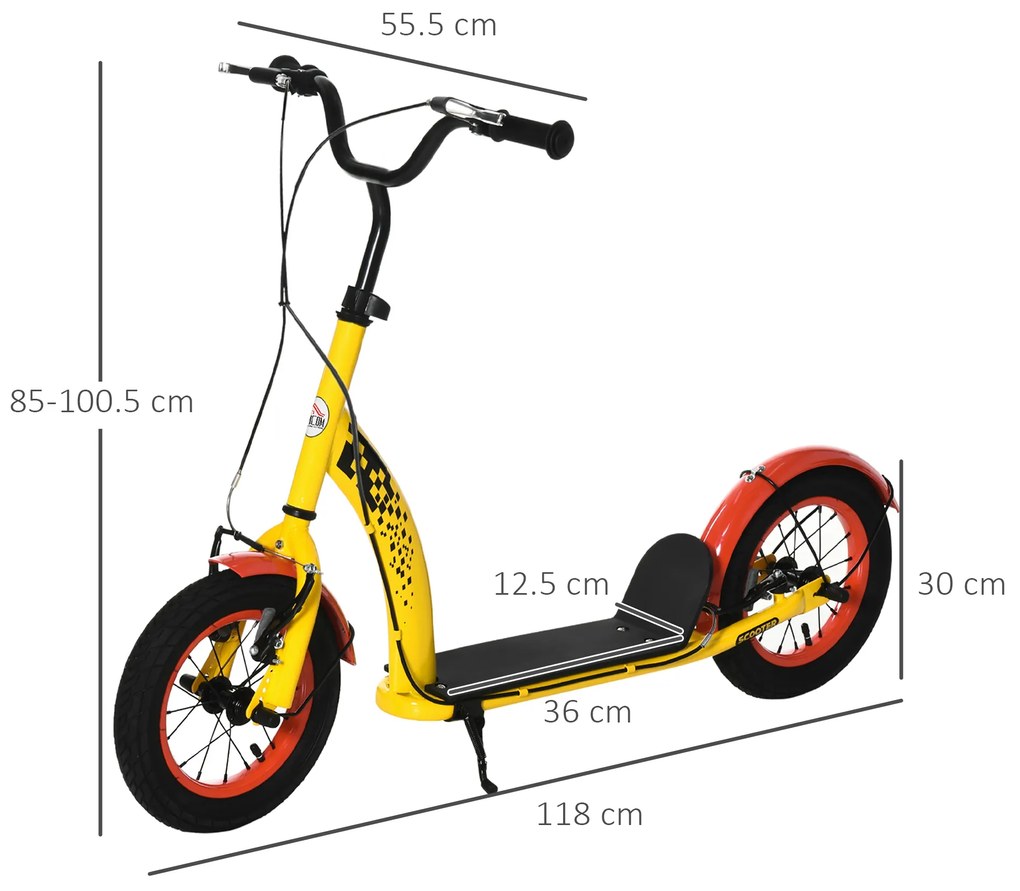 HOMCOM Trotinetă pentru Copii de la 5+ Ani, cu Înălțime Reglabilă, Frână Dublă și Roți Gonflabile, 118x55,5x85-100,5 cm, Galben | Aosom Romania