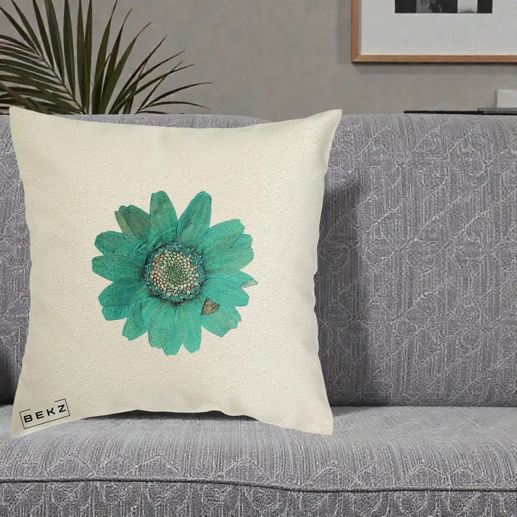 Perna Decorativa Floare Gerbera Teal Acuarela, 40x40 cm, Ecru, Husa Detasabila, Perna Inclusa, BEKZ®