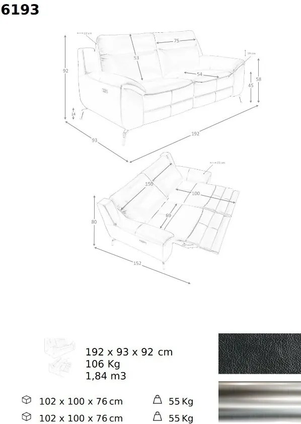 Canapea 2 locuri eleganta, design LUX cu functia relax Cowhide black