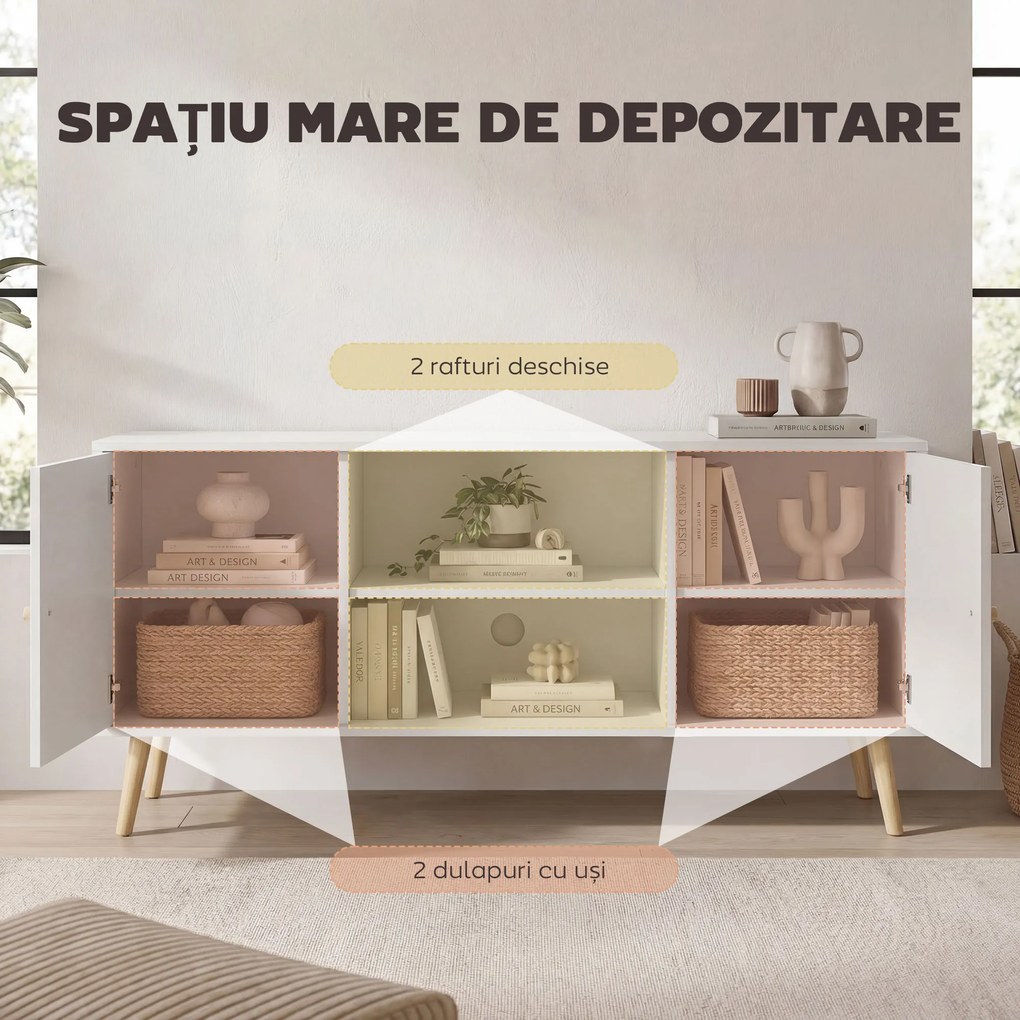 HOMCOM Cabinet TV 55" cu 2 Dulapuri, Uși și 2 Rafturi Deschise, Consolă TV din Lemn și PAL, 120x34x50 cm, Alb | Aosom Romania