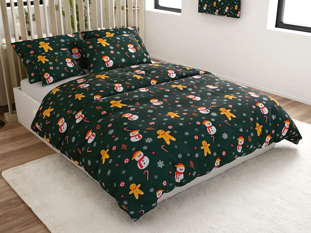 Lenjerie de pat de flanel din microfibra SNOWMAN AND GINGERBREAD verde Dimensiune lenjerie de pat: 2 buc 70 x 90 cm | 200 x 220 cm