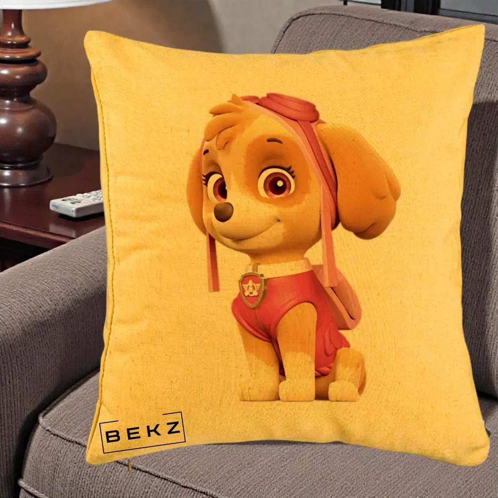 Perna Personalizata Skye PAW Patrol Roz, 40x40 cm, Galben, Husa Detasabila, Perna Inclusa, BEKZ®