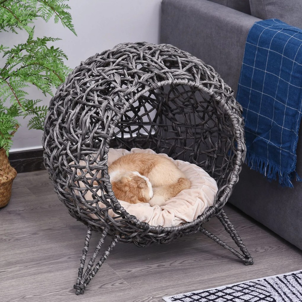 PawHut Coș pisică pat înălțat pisică cozi cuib confort dim. Ø 52 x 58H cm pernă pufoasă inclusă rășină imitând răchita gri | Aosom Romania