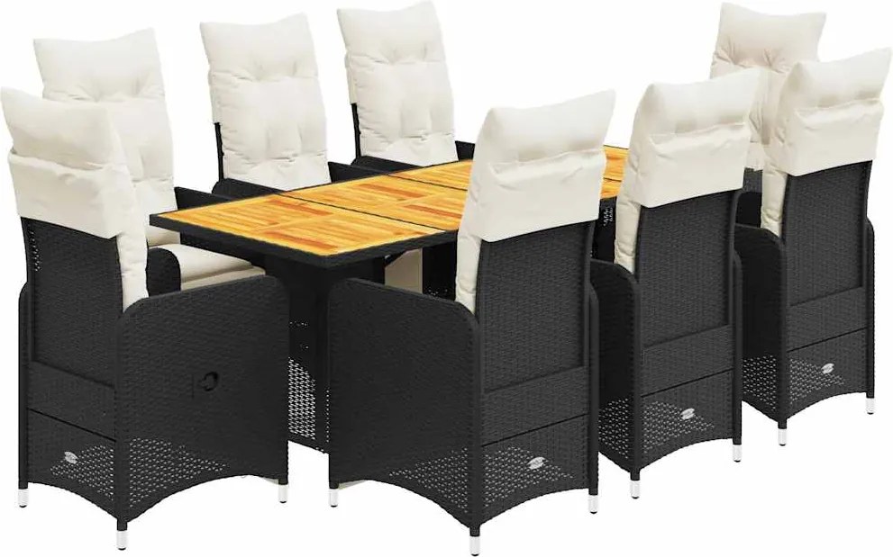 vidaXL Set bistro de grădină, 9 piese, cu perne, negru, poliratan