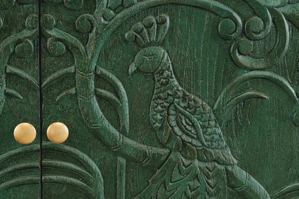 Comoda PEACOCK 175cm lemn de mango verde sculptat 3D cu design paun