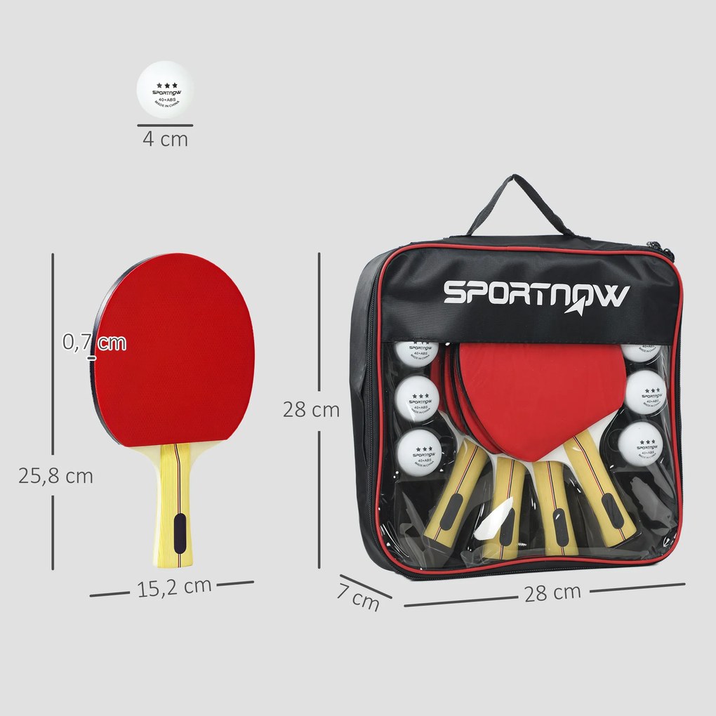 SPORTNOW Set 4 Palete Ping Pong și 8 Mingi cu Husă Roșu și Negru | Aosom Romania