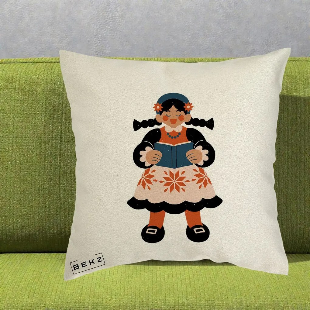 Perna Personalizata Fetita cu Carte Ilustratie Folk, 40x40 cm, Ecru, Husa Detasabila, Perna Inclusa, BEKZ®