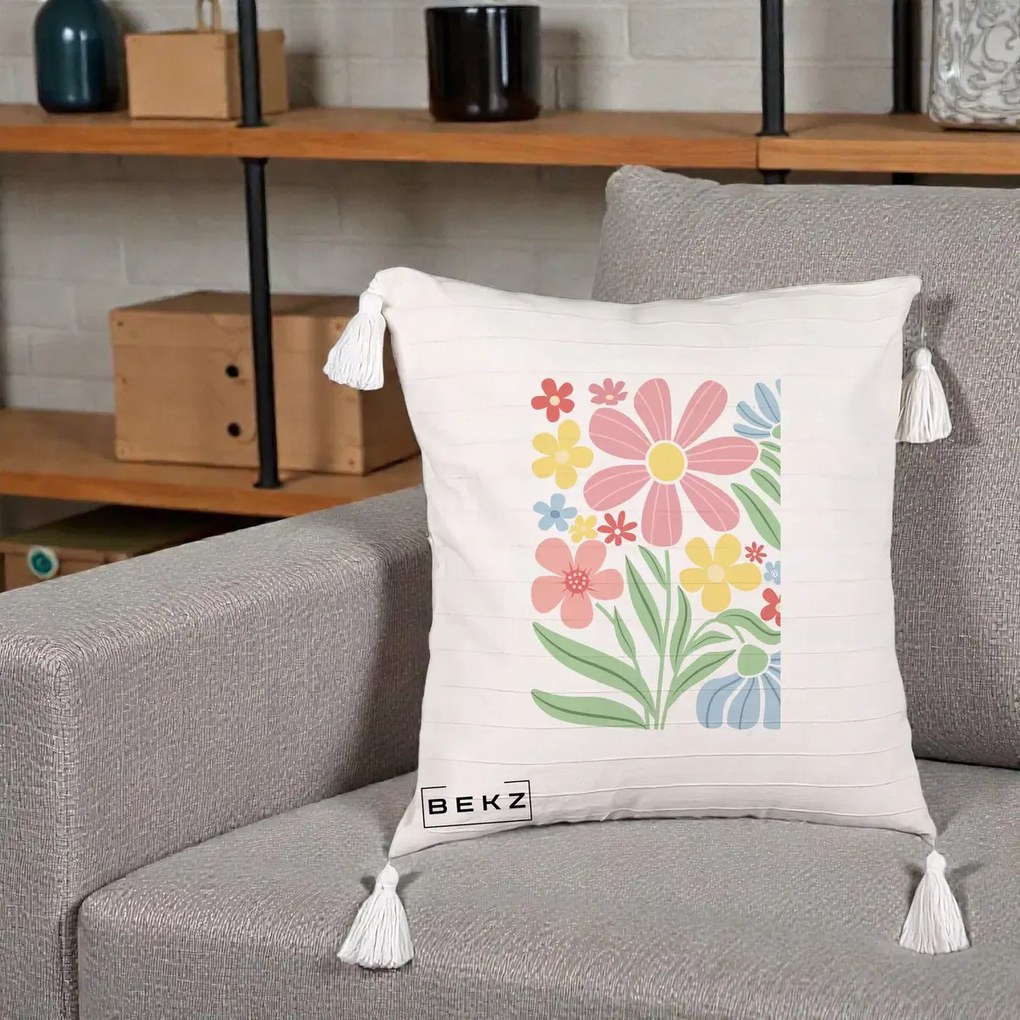 Perna Decorativa Flori Grafice Roz Pastel, 40x40 cm, Bej cu Franjuri, Husa Detasabila, Perna Inclusa, BEKZ®