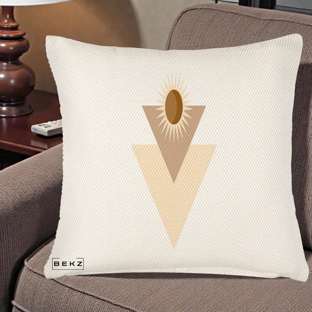 Perna Decorativa Boho Sun cu Triunghiuri Bej si Oval Solar, 40x40 cm, Crem Reliefat, Husa Detasabila, Perna Inclusa, BEKZ®