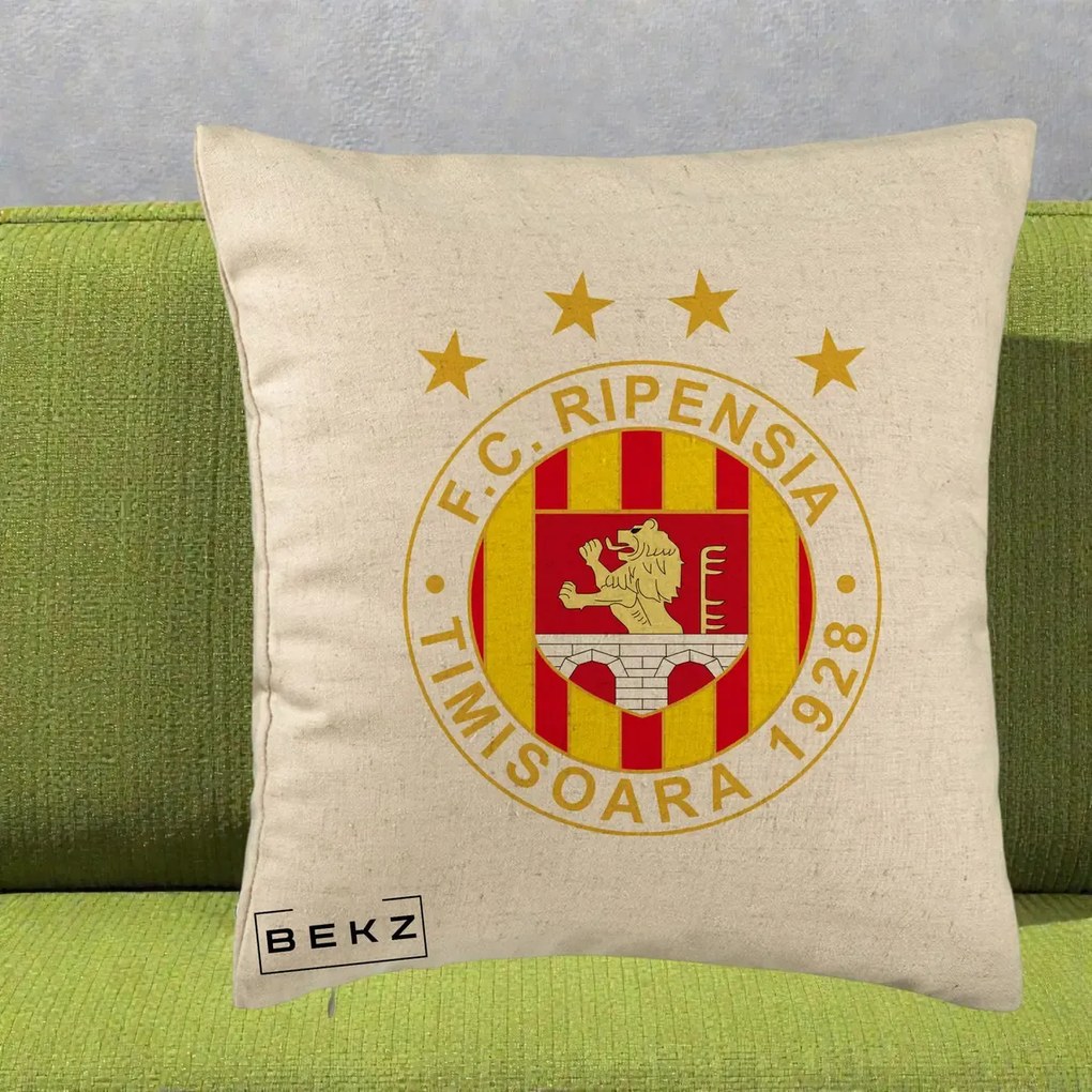 Perna Personalizata FC Ripensia Timisoara 1928, 40x40 cm, Bej, Husa Detasabila, Perna Inclusa, BEKZ®