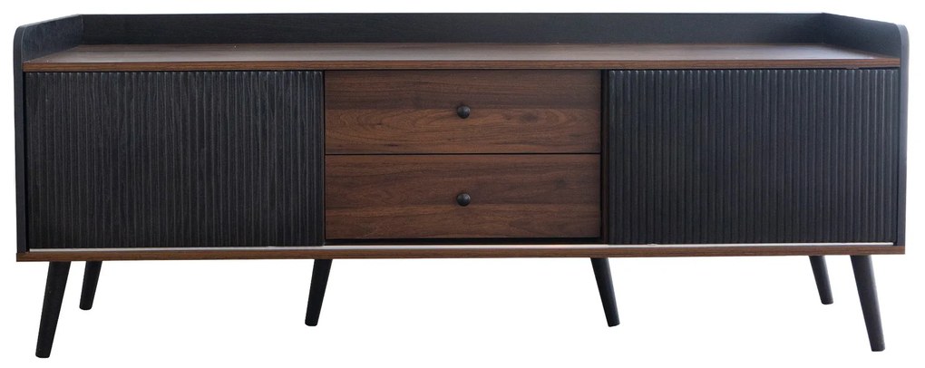 Comodă TV cu 2 sertare, uși glisante cu dungi și picioare stabile din lemn, 160x40x58 cm, Negru