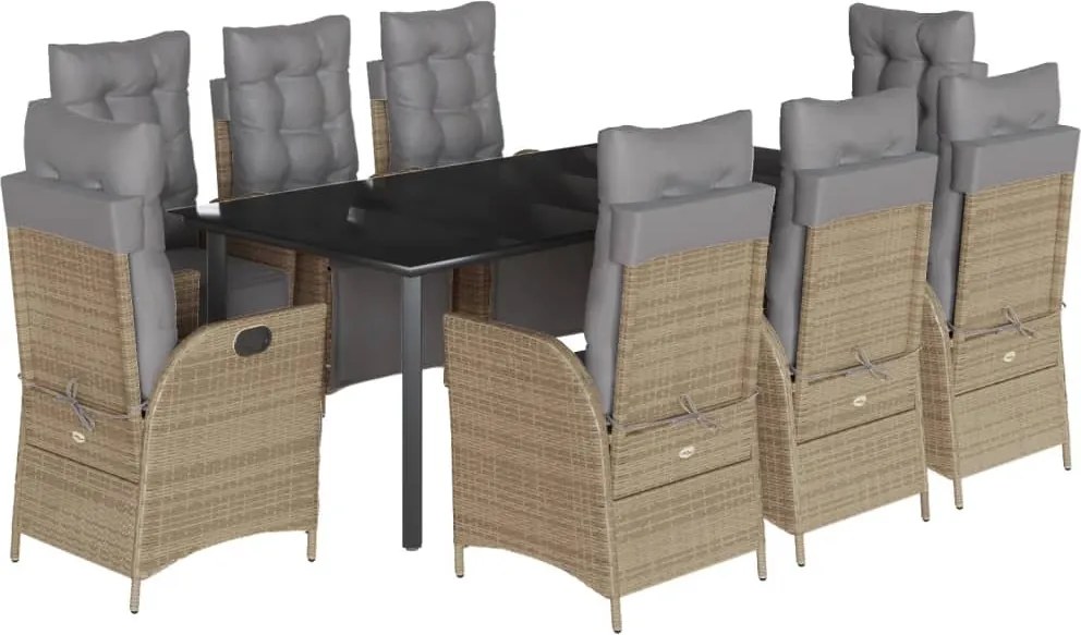 vidaXL Set de masă pentru grădină, 9 piese, cu perne, bej, poliratan