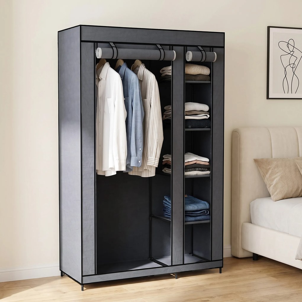 HOMCOM Dulap Textil pentru Economisirea Spațiului, cu Bară pentru Umerașe și 5 Polițe, 110 x 45 x 175 cm, pentru Dormitor, Gri | Aosom Romania