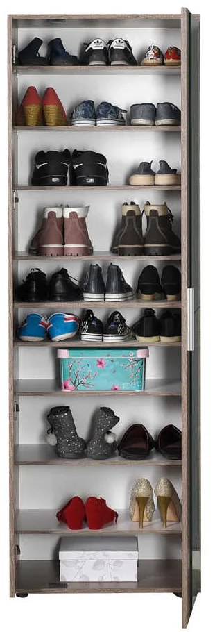 Pantofar Adore Porto, 2 usi reversibile cu oglinda, 10 rafturi, capacitate 28 perechi incaltaminte, Alb / Stejar, 60 x 35 x 187 cm