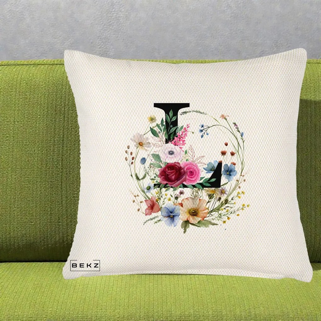 Cadou Personalizat - Perna Personalizata Monogram Litera L cu Flori Acuarela, 40x40 cm, Crem Reliefat, Husa Detasabila, Perna Inclusa, BEKZ®