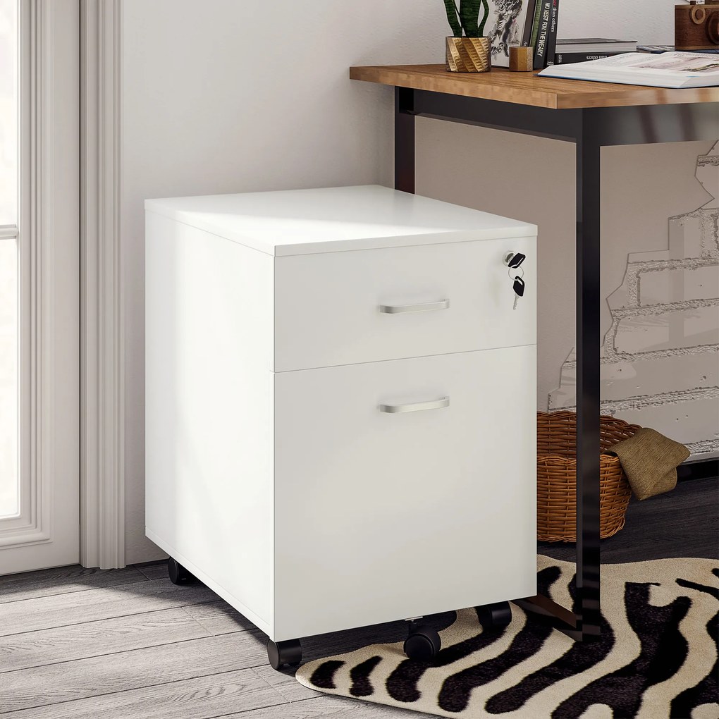 Vinsetto Dulap cu sertare, cu 2 Sertare și 5 Roti, Fiset Birou cu Încuietoare, Design Modern, Alb| Aosom Romania