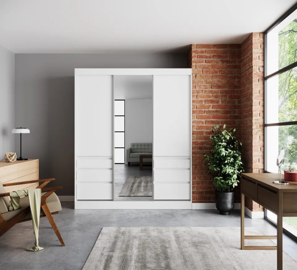 Dulap cu usi glisante si oglinda Haidar, ADRK Furniture (Culoare: Alb, Dimensiuni: 140x216 cm)