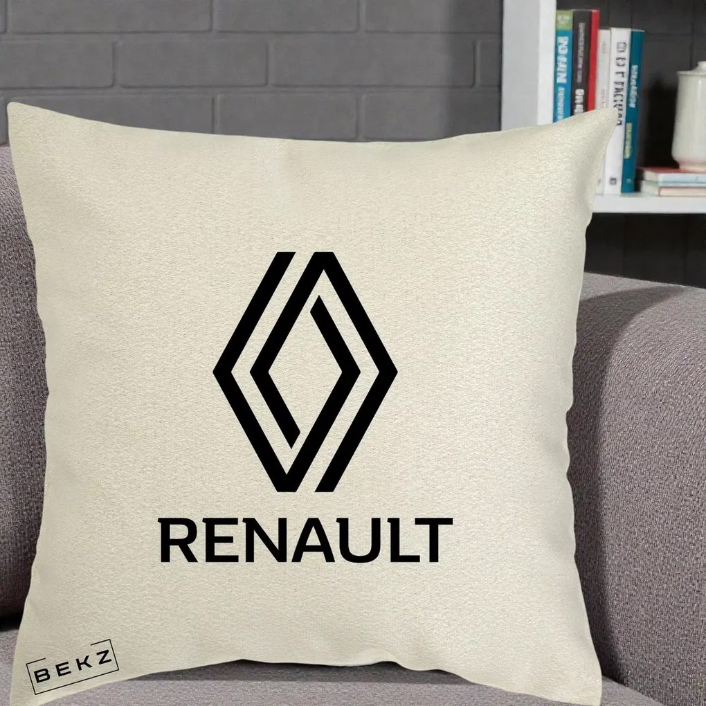 Perna Personalizata cu emblema Renault, 40x40 cm, Ecru, Husa Detasabila, Perna Inclusa, BEKZ®