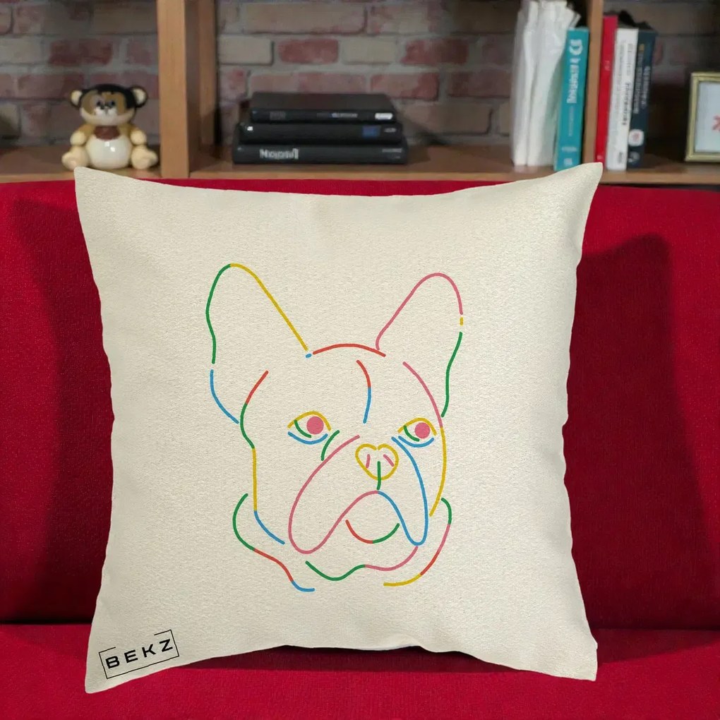 Perna Decorativa Bulldog Francez Line Art Curcubeu, 40x40 cm, Ecru, Husa Detasabila, Perna Inclusa, BEKZ®