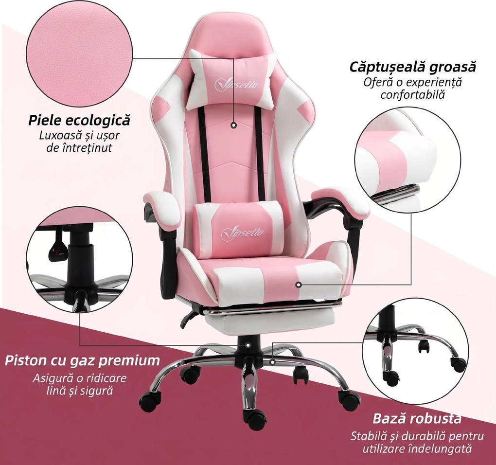 Vinsetto Scaun Gaming Ergonomic Reclinabil cu Tetieră, Pernă Lombară, Înălțime Reglabilă, Roz și Alb | Aosom Romania