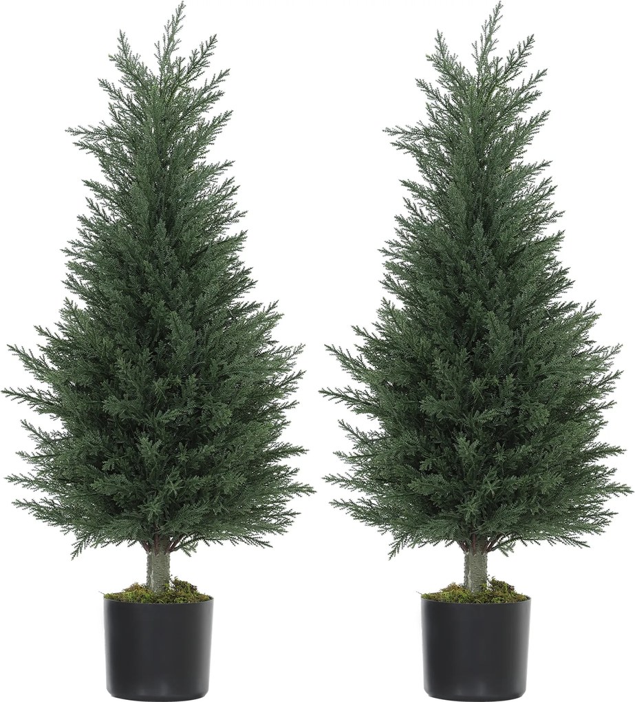 HOMCOM Set de 2 plante artificiale tip chiparos, 362 frunze din plastic, ghiveci, rezistente la UV, verde | Aosom Romania