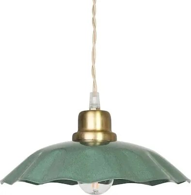 Lampă suspendată verde salvie din metal, margine ondulată, detalii aurii și cablu textil natur răsucit, finisaj antichizat, 12 x 23 cm, „Diana”