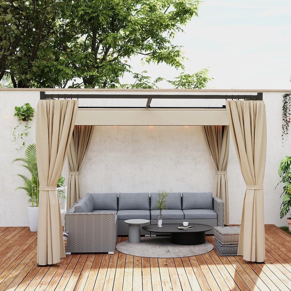 Outsunny Pergola 3 x 3(m) cu acoperis copertina retractabila si perdele, Foisor de exterior cu cadru metalic pentru gradina, Adapost de soare