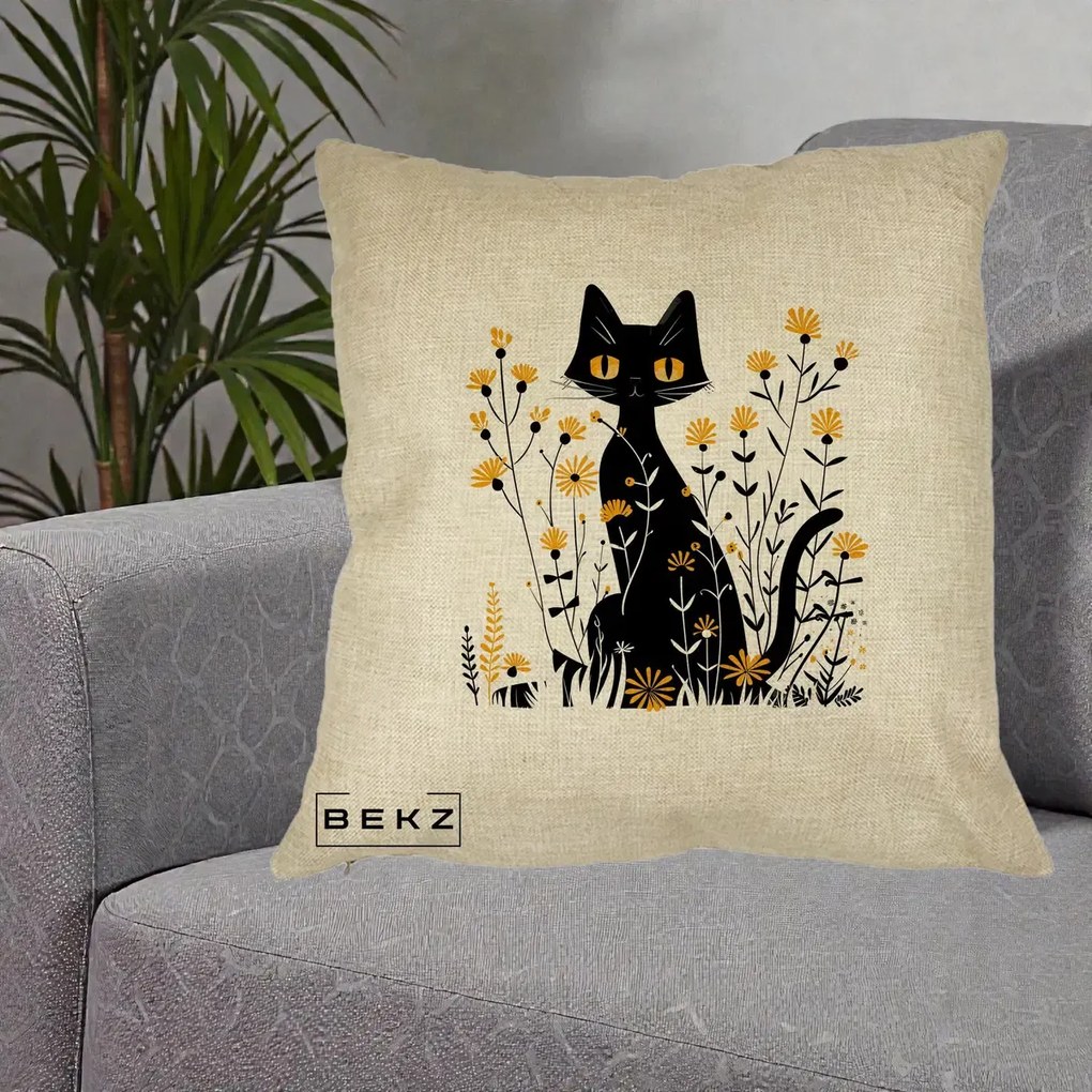 Perna Decorativa Pisica Neagra Ochi Galbeni Flori Galbene, 40x40 cm, Crem, Husa Detasabila, Perna Inclusa, BEKZ®