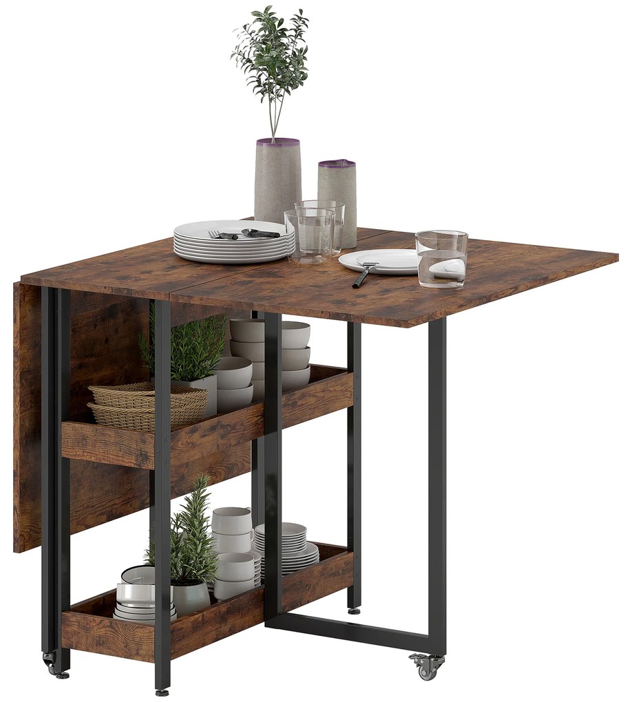HOMCOM Masă de Dining Extensibilă în stil industrial, pentru până la 4 persoane, rafturi deschise, flexibilă, Metal, Placă de melamină, Maroniu | Aosom Romania