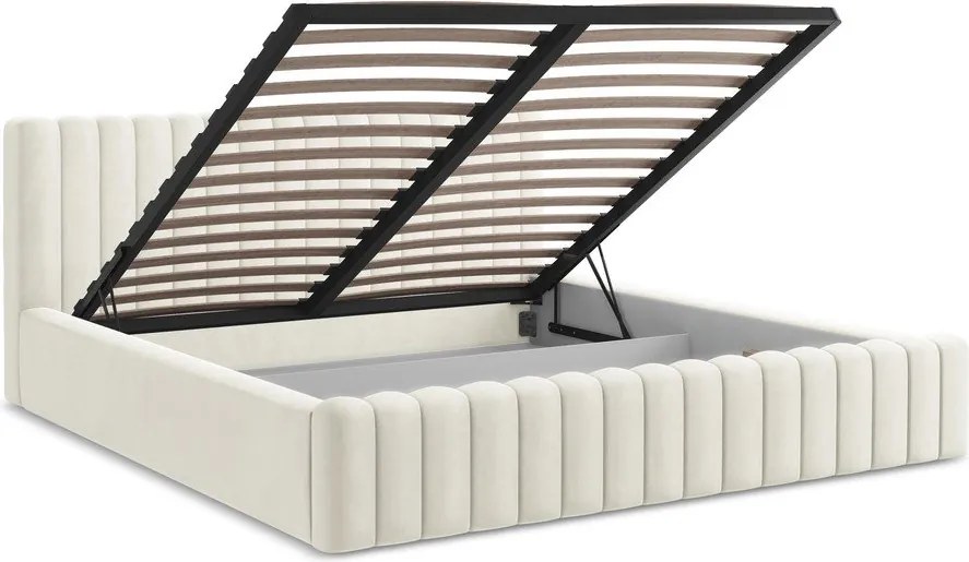 Pat matrimonial crem tapițat cu spațiu de depozitare cu somieră 180x200 cm Lemi – Makamii