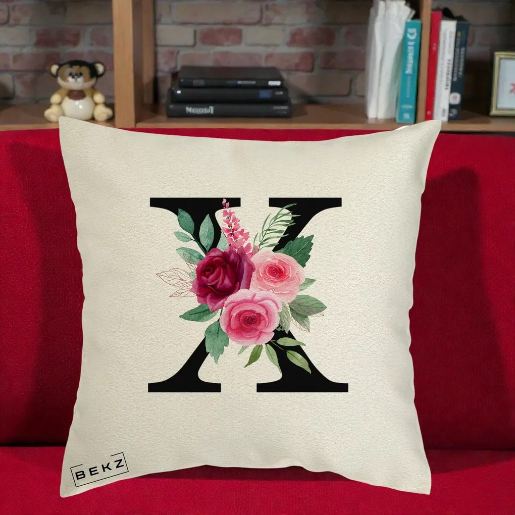 Cadou Personalizat - Perna Personalizata Monograma Florala Litera X cu Buchet, 40x40 cm, Ecru, Husa Detasabila, Perna Inclusa, BEKZ®