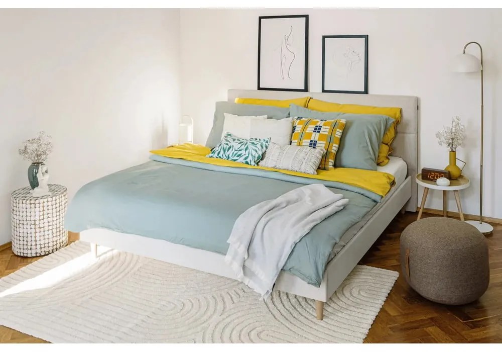 Pat matrimonial 160x200 cm bej tapițat cu somieră Elyna – Bobochic Paris