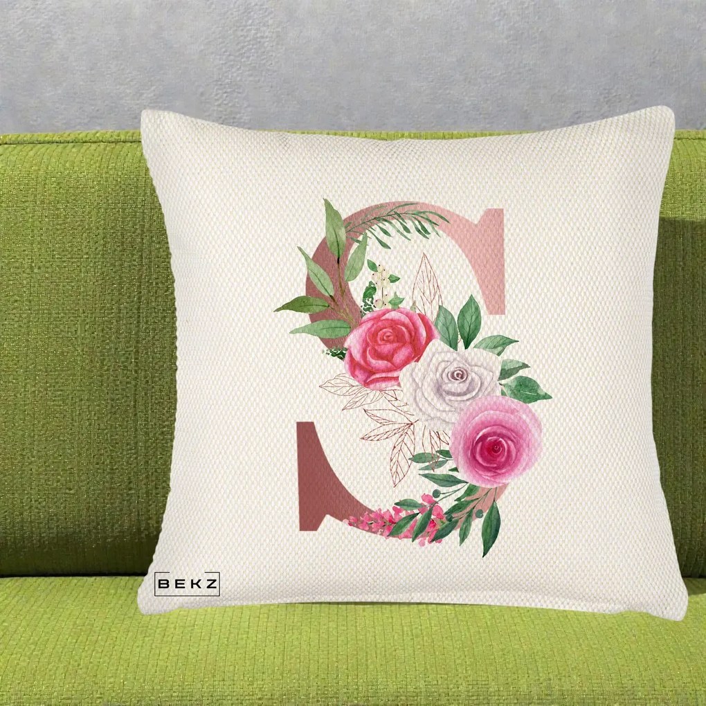 Cadou Personalizat - Perna Personalizata Monograma Rose Gold Litera S, 40x40 cm, Crem Reliefat, Husa Detasabila, Perna Inclusa, BEKZ®