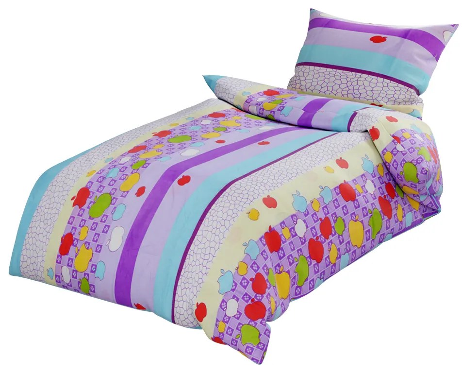 Lenjerii din bumbac pentru patut Culoare violet, COLORED APPLES WITH STRIPES