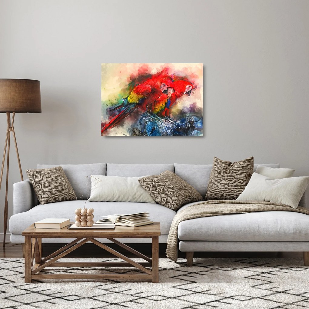 Tablou pe sticlă - Papagali roșii ara (70x50 cm)