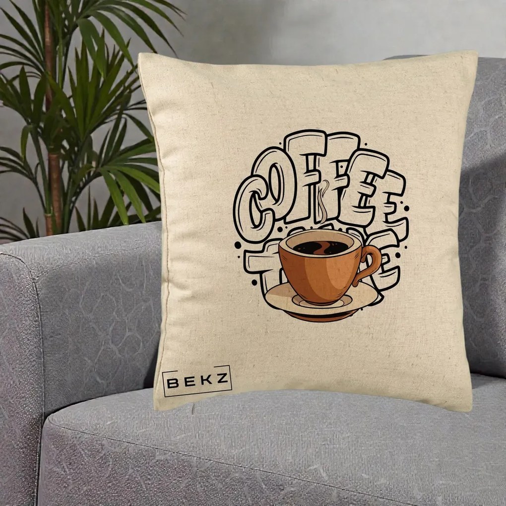 Perna Personalizata COFFEE cu Cana, 40x40 cm, Bej, Husa Detasabila, Perna Inclusa, BEKZ®