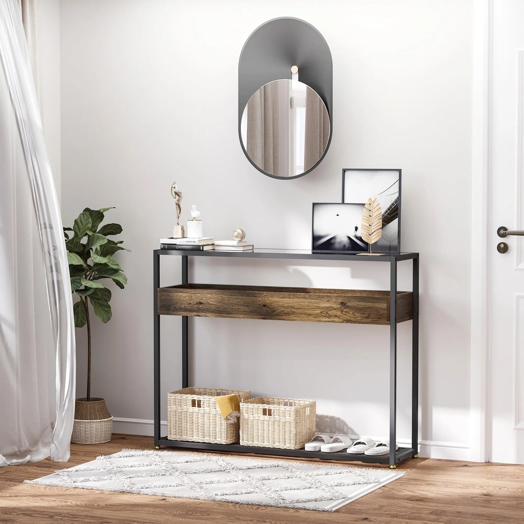 HOMCOM Masa Consola pentru Intrare in Stil Industrial, Blat din Sticla, Cadru  din Otel si Lemn, Masuta pentru Living si Sufragerie, Maro Rustic
