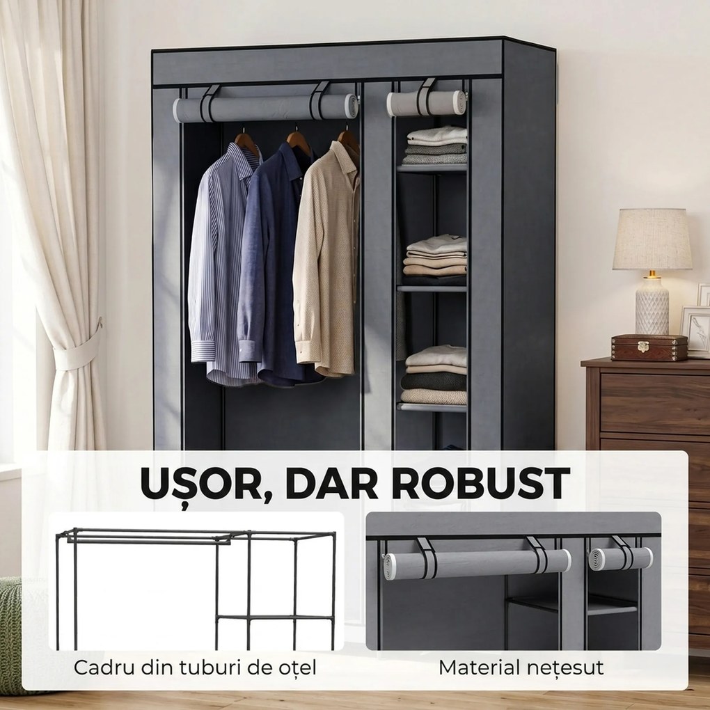 HOMCOM Dulap Textil pentru Economisirea Spațiului, cu Bară pentru Umerașe și 5 Polițe, 110 x 45 x 175 cm, pentru Dormitor, Gri | Aosom Romania