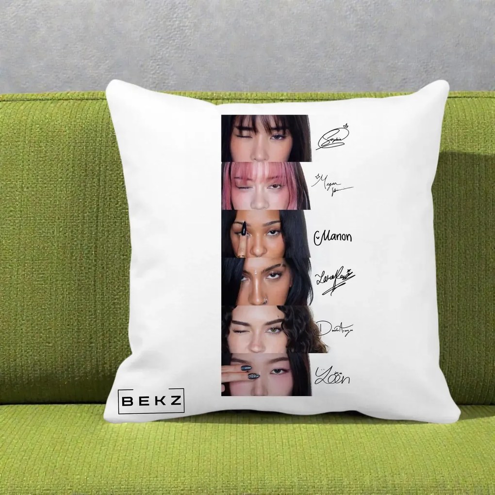 Perna Personalizata K-pop KATSEYE Semnaturi fara Foto, 40x40 cm, Alba Mata, Husa Detasabila, Perna Inclusa, BEKZ®
