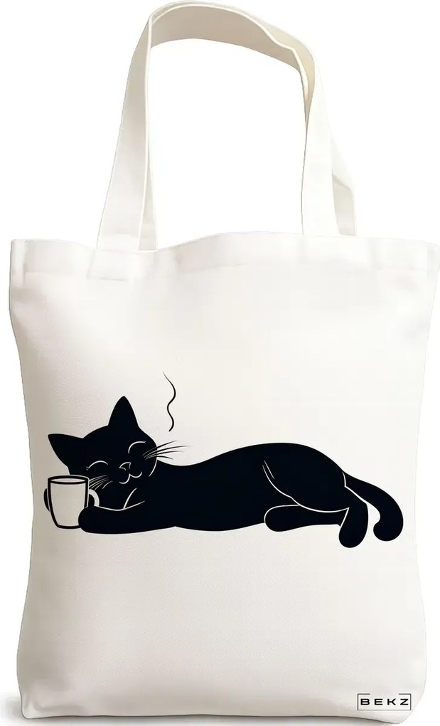 Sacosa de Panza pentru Cumparaturi, Geanta Tote, model Caffeine Cat 20 38 x 34.5 cm, Alba, BEKZ®