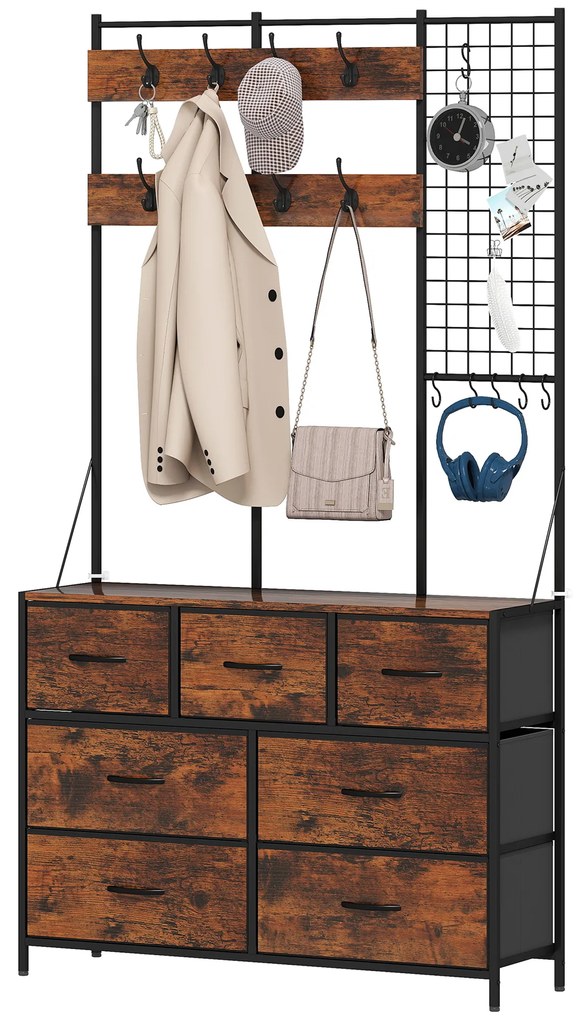 HOMCOM Mobilier de intrare 4 în 1, portmanteau, vestiar cu 7 sertare din material textil și 14 cuiere, 100 x 30 x 183 cm, brun rustic | Aosom Romania