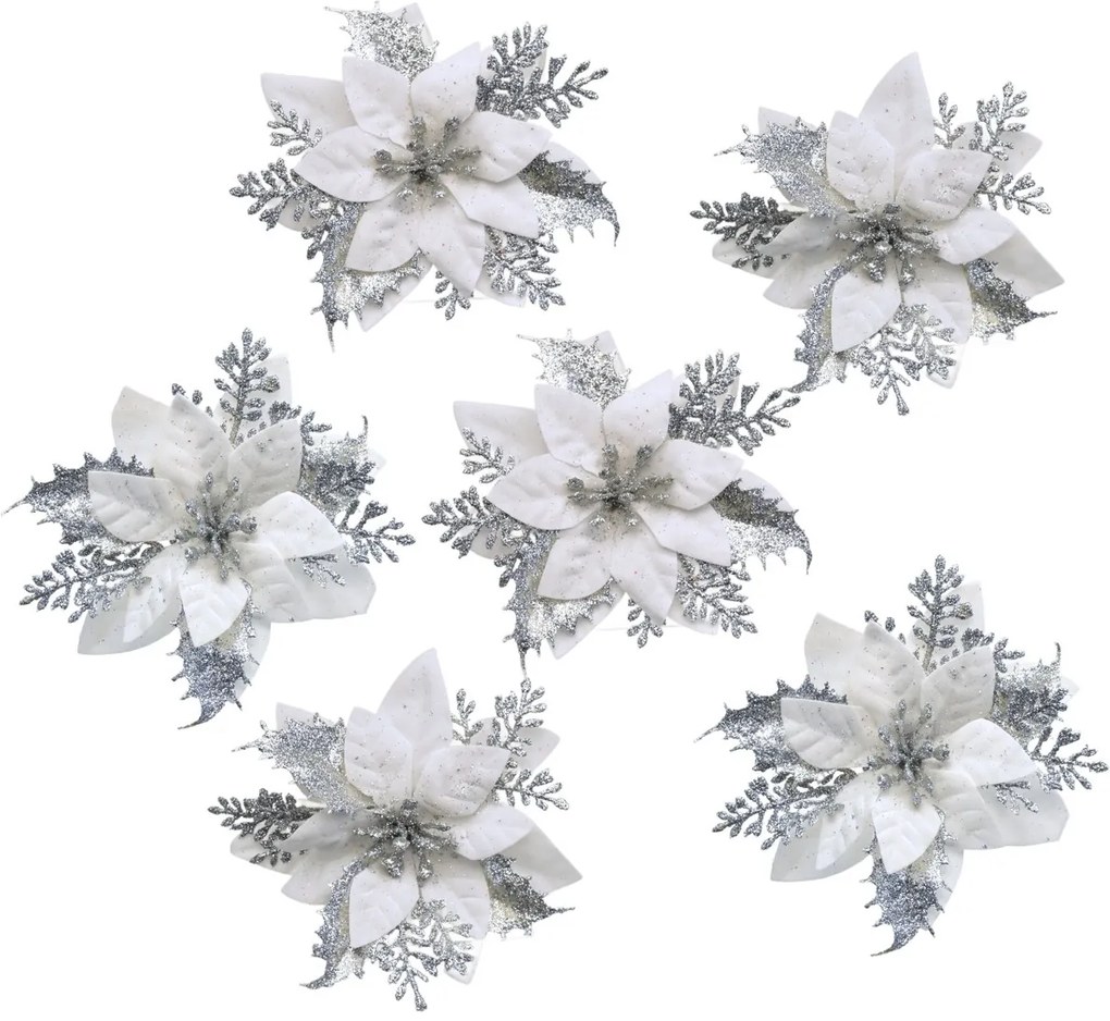 Decorațiuni de Crăciun Poinsettia cu cleșteargintiu, set de 6 bucăți