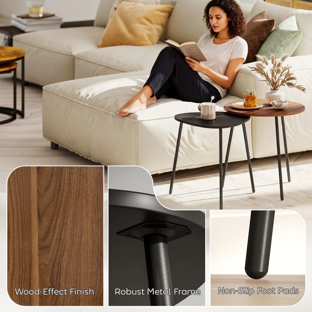 HOMCOM Set 2 Măsuțe de Cafe Suprapunibile cu Cadru din Metal Nuc și Negru | Aosom Romania