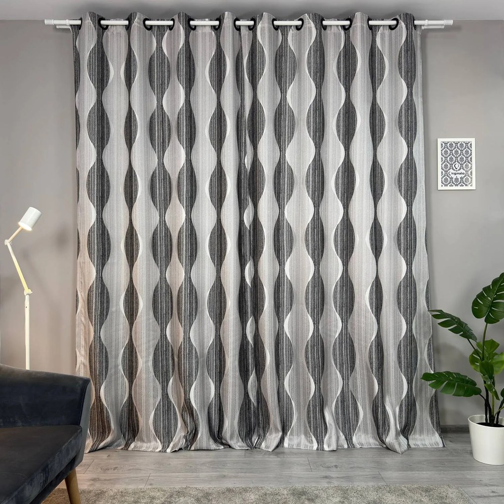 Set două Draperii (Blackout), din Jacquard + Stofă premium (Model texturat), Gata lucrate (Inele galerie), Culoare Gri + Negru, Dimensiuni draperie 160x260 cm (x2), Brand Originalio