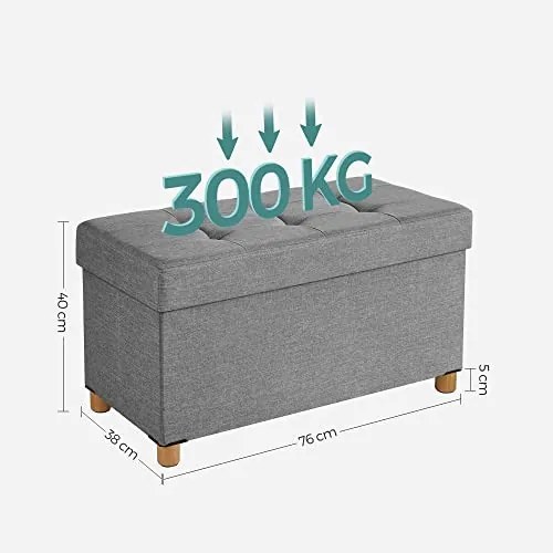 Bancheta cu spatiu depozitare, 76 x 38 x 40 cm, textil / MDF, gri, Songmics