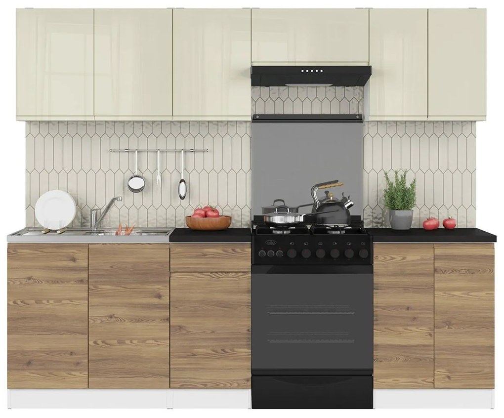 Set mobilier bucătărie 240 cm Junona Line (vanilie lucios + zadă sibiu auriu + Alb). 1098516